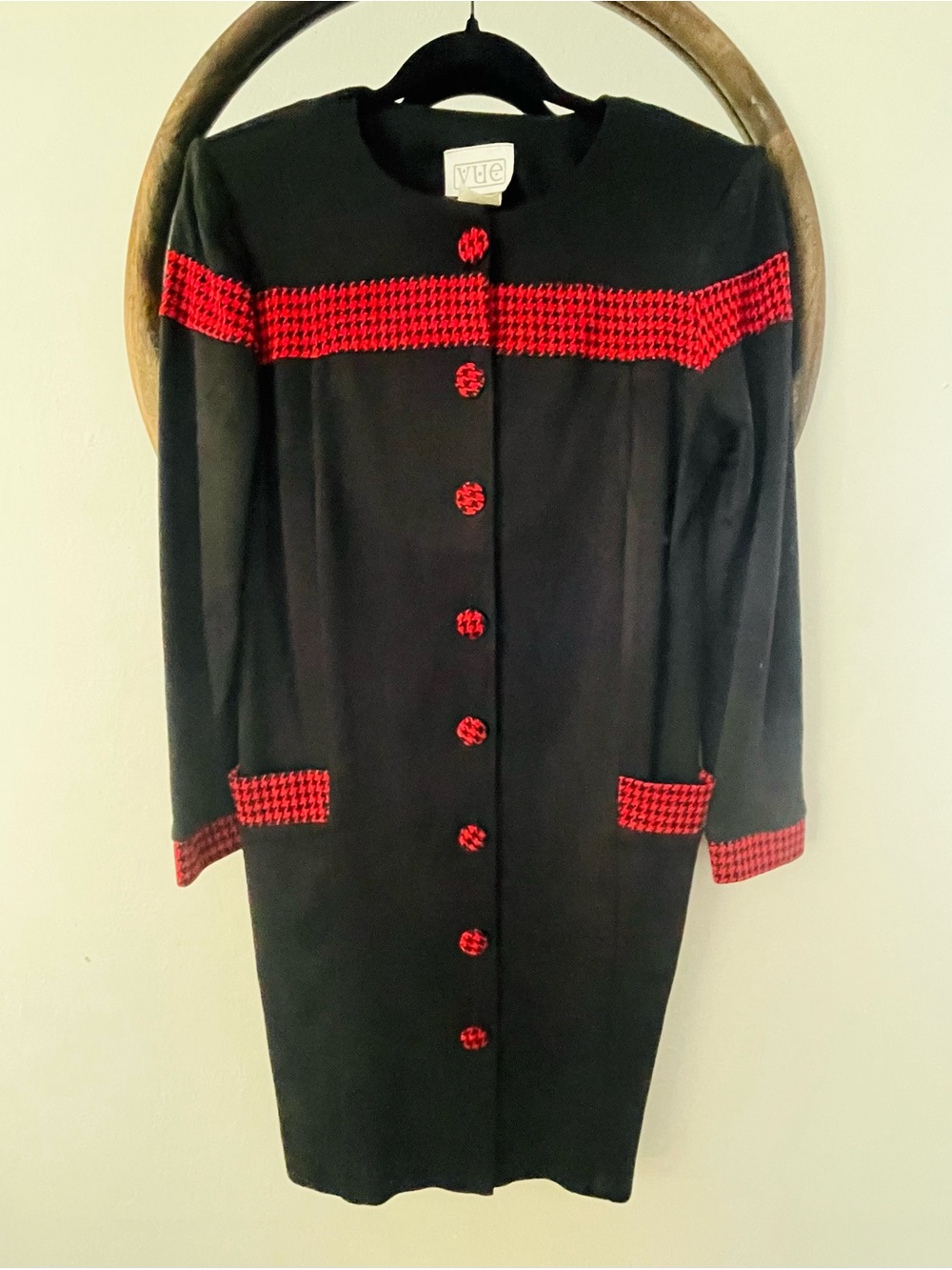 vu Black Long Sleeve Dress with Red Houndstooth Trim